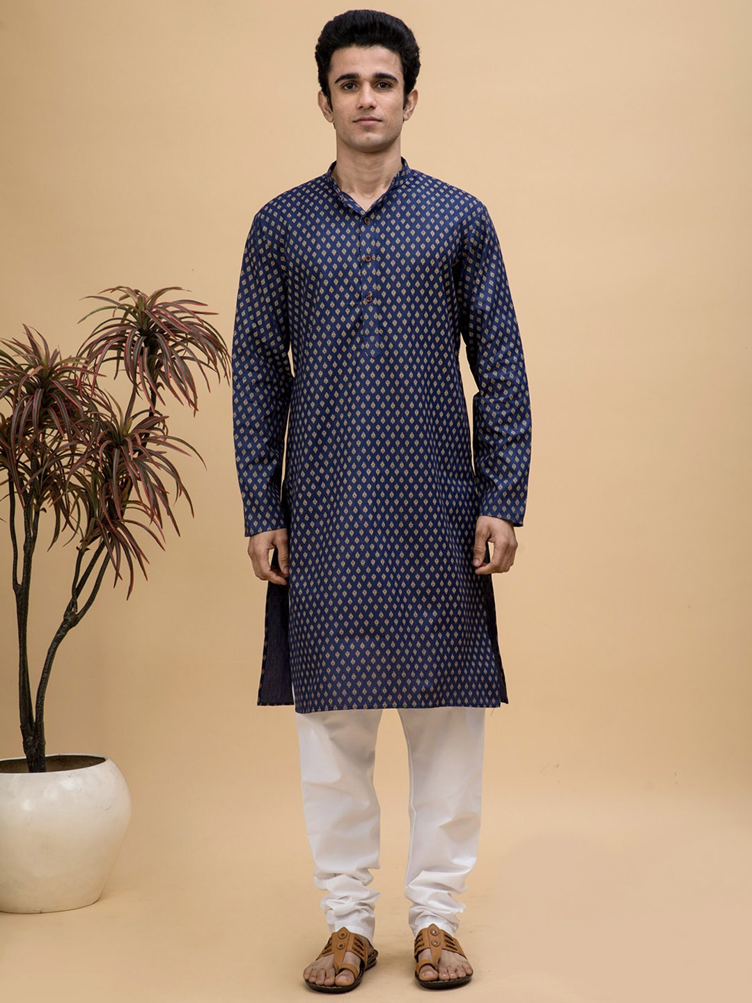 

NEUDIS Ethnic Motifs Printed Mandarin Collar Kurta with Churidar, Navy blue