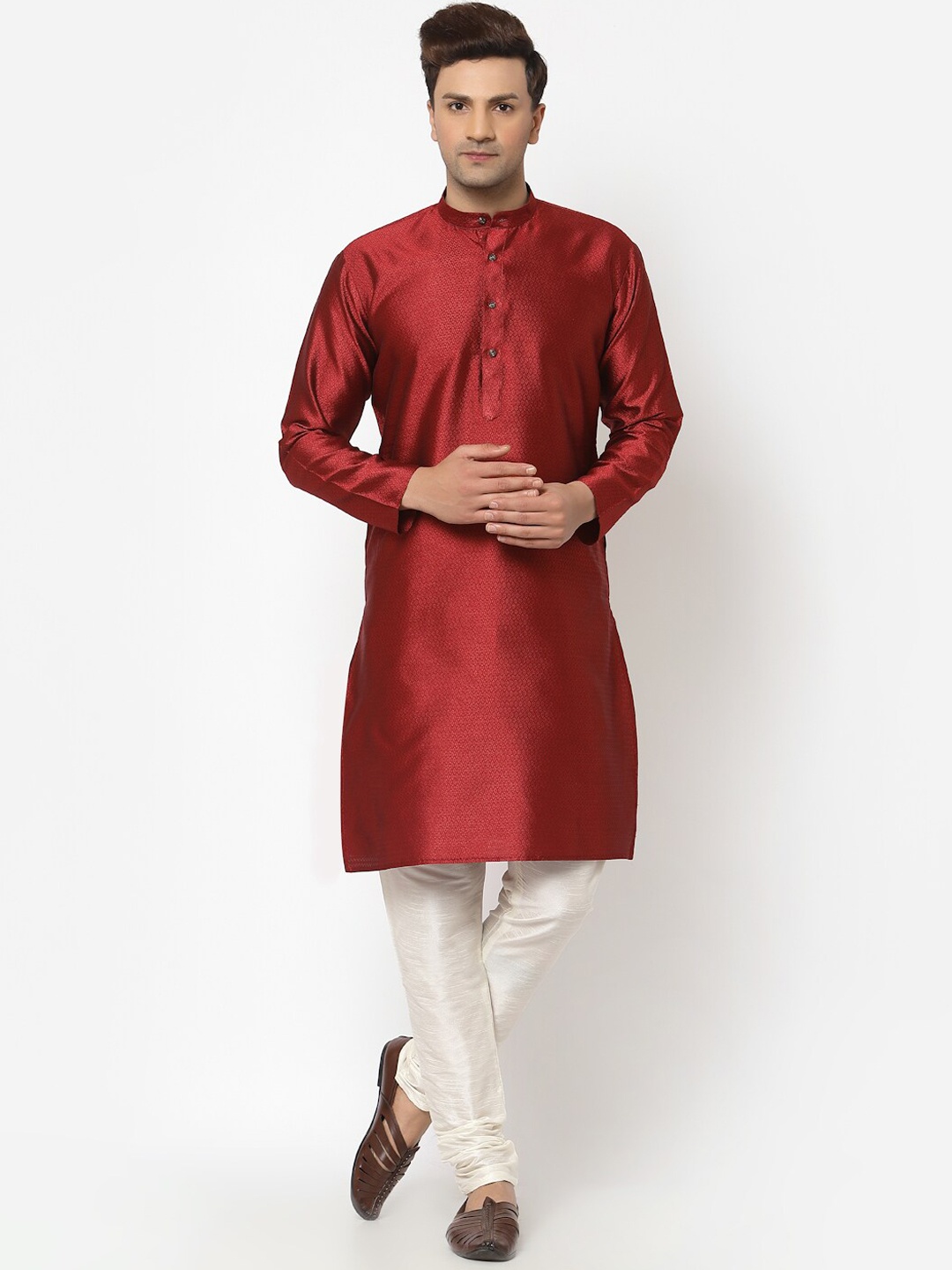 

NEUDIS Woven Design Dupion Silk Kurta with Churidar, Maroon