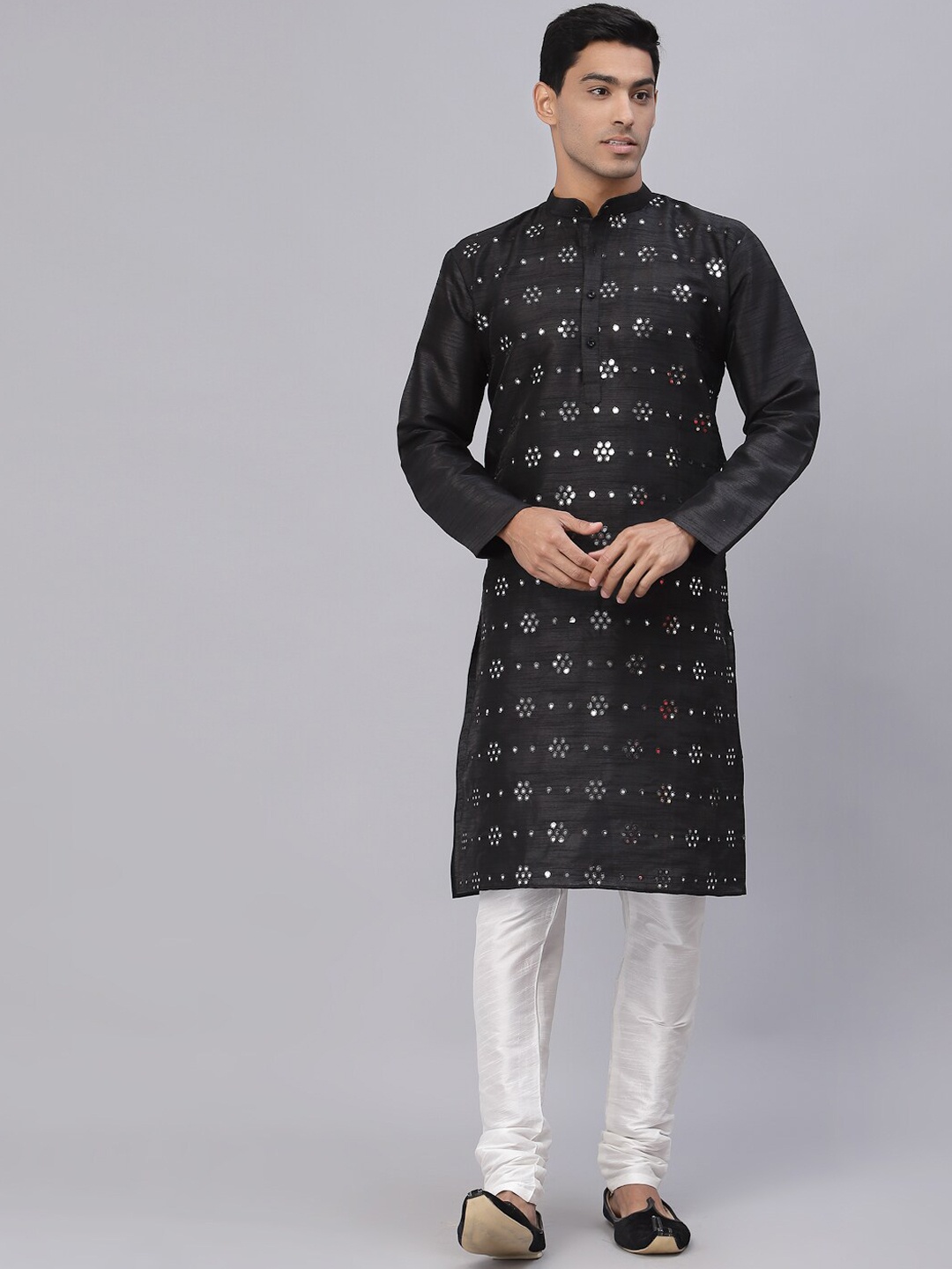 

NEUDIS Embellished Mirror Work Dupion Silk Kurta with Churidar, Black
