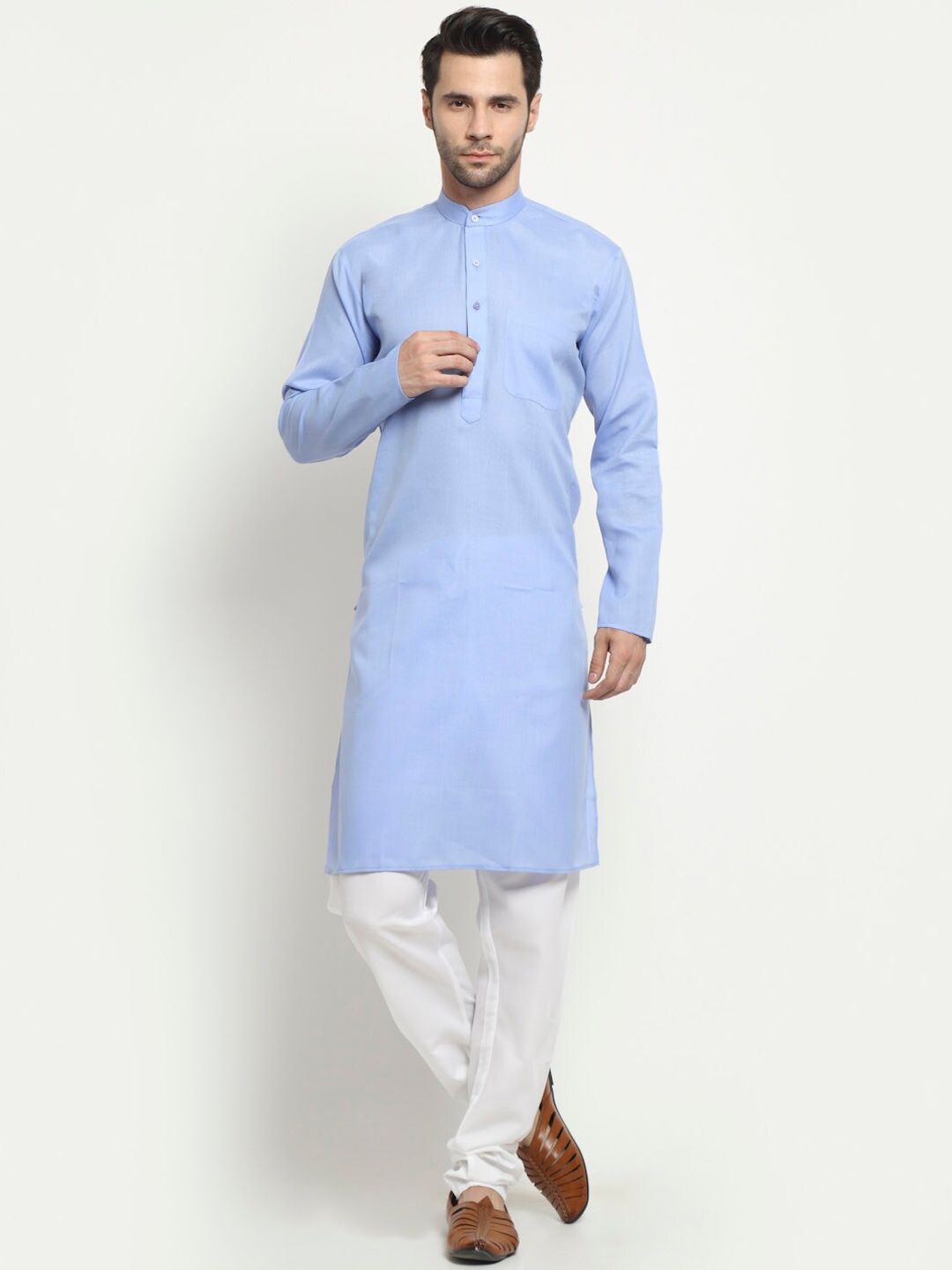 

NEUDIS Mandarin Collar Pure Cotton Kurta with Churidar, Blue