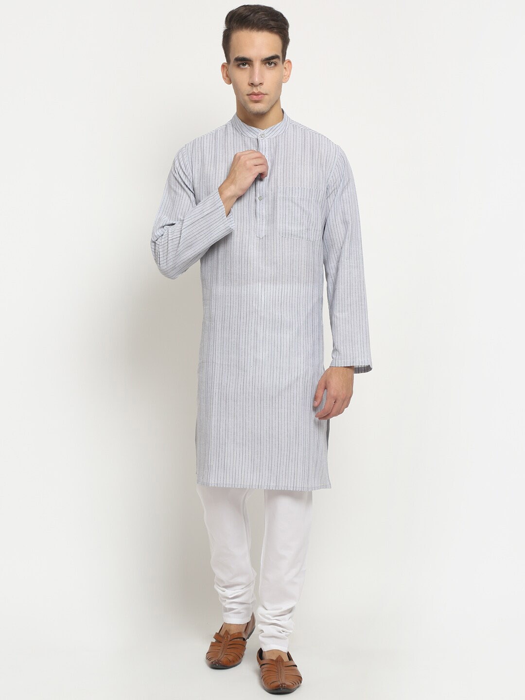 

NEUDIS Striped Mandarin Collar Kurta with Churidar, Grey