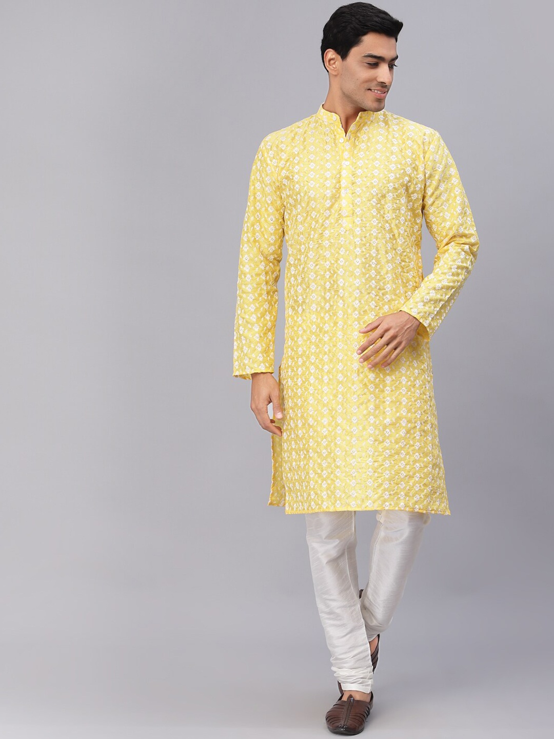 

NEUDIS Floral Embroidered Dupion Silk Kurta with Churidar, Yellow