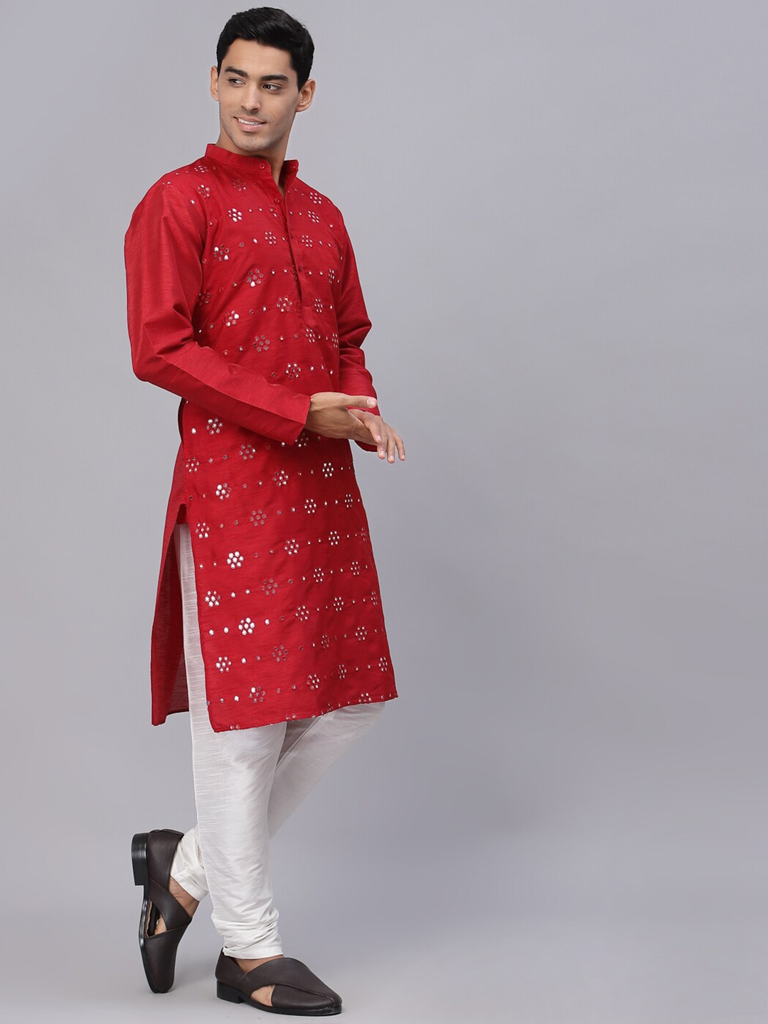 

NEUDIS Embroidered Mirror Work Dupion Silk Kurta with Churidar, Maroon