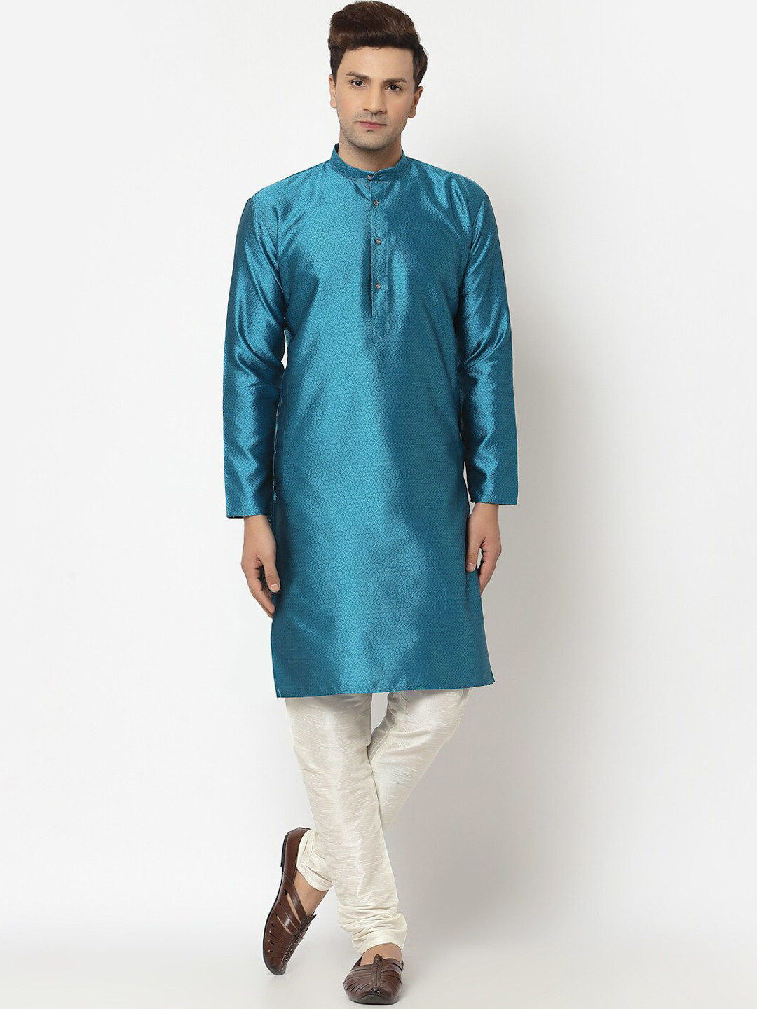 

NEUDIS Woven Design Mandarin Collar Straight Dupion Silk Kurta with Churidar, Turquoise blue