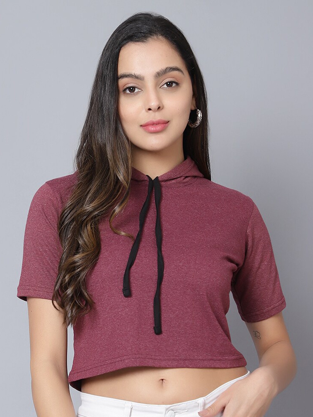 DIAZ Hooded Neck Cotton Crop T-shirt, Burgundy