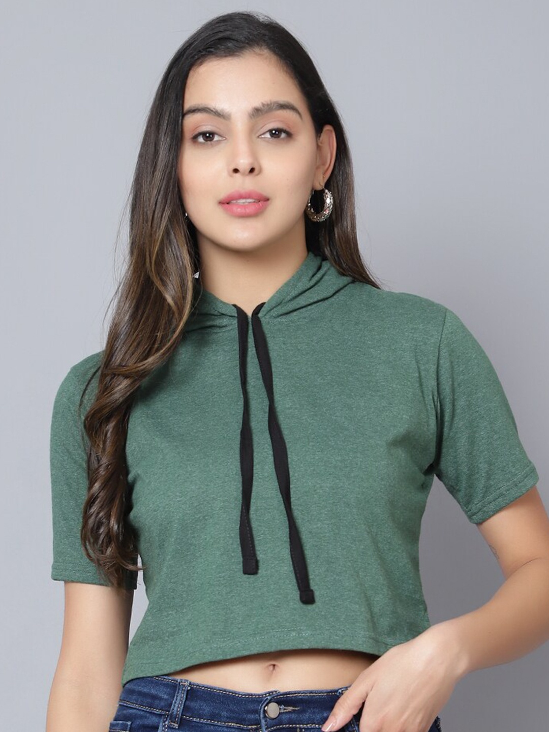 

DIAZ Hooded Neck Cotton Crop T-shirt, Olive