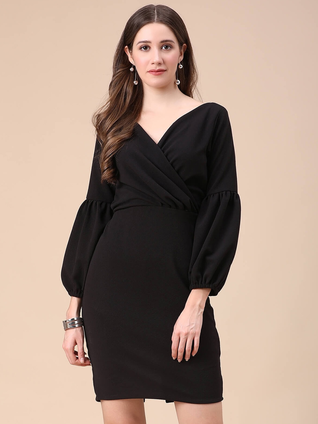 

SHEETAL Associates V-Neck Puff Sleeve Dress, Black