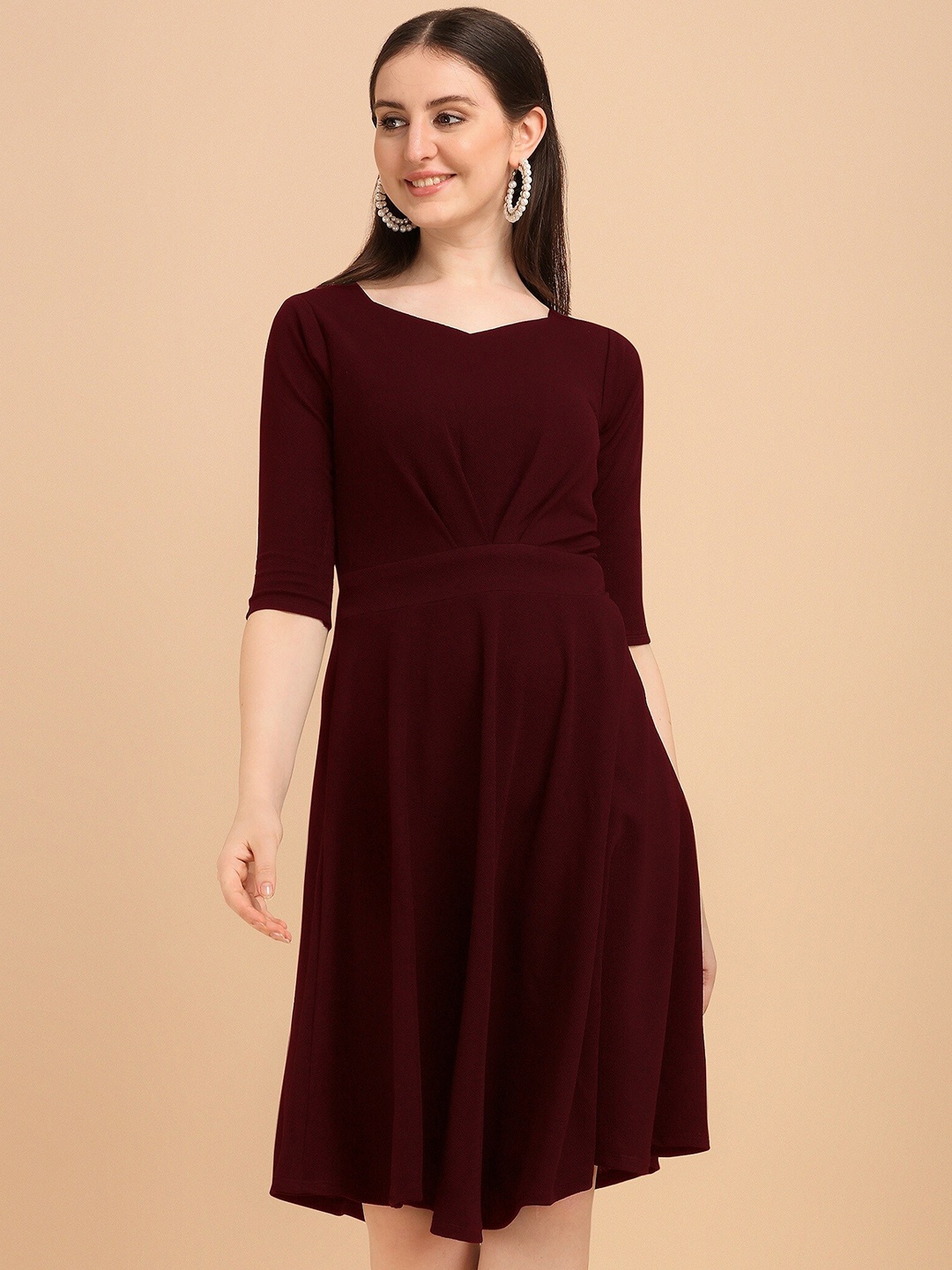 

SHEETAL Associates V-Neck Flared Gathered Fit & Flare Dress, Maroon