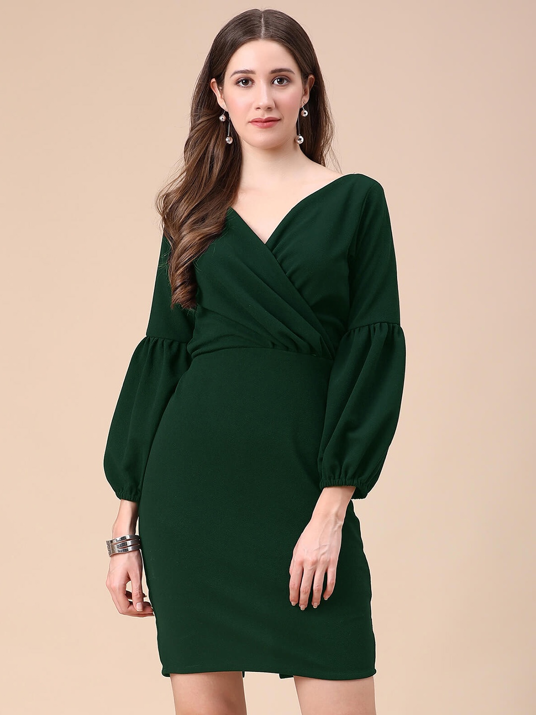 

SHEETAL Associates Puff Sleeves Gathered V-Neck Wrap Dress, Green