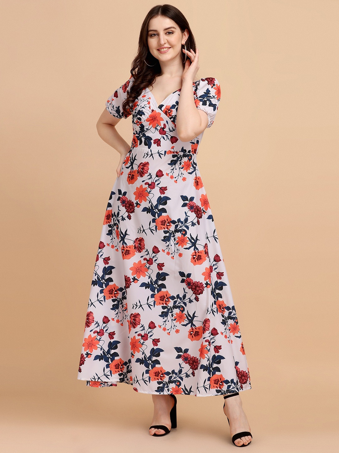

SHEETAL Associates V-Neck Floral Printed Fit & Flare Maxi Dress, White