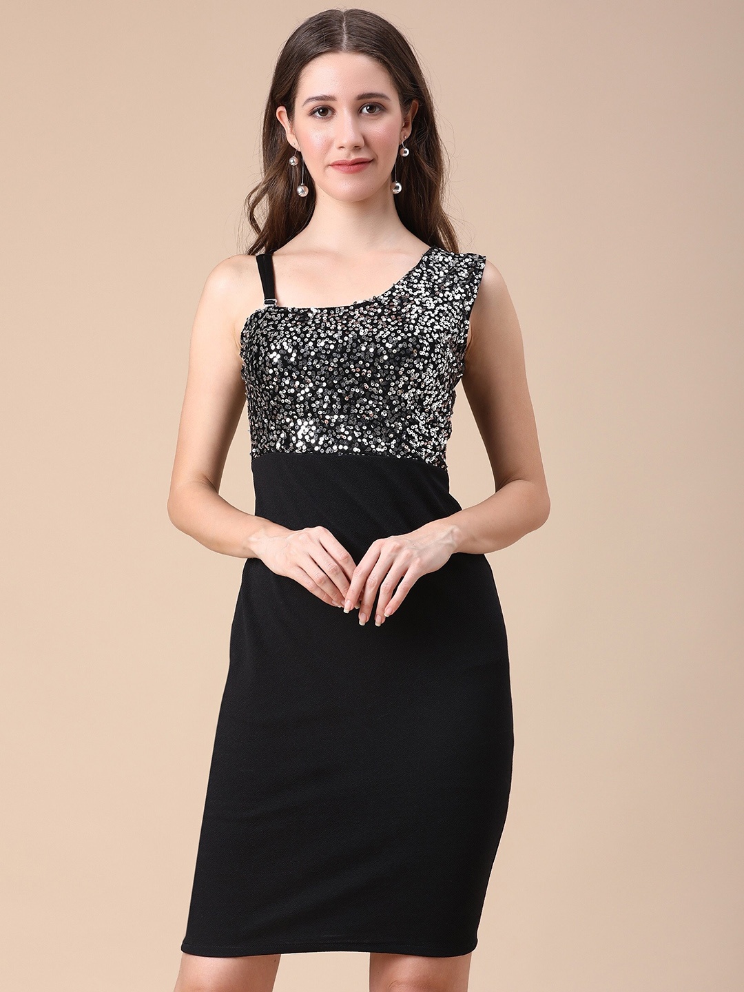 

SHEETAL Associates Asymmetric Neck Sequined Embellished Sheath Dress, Black