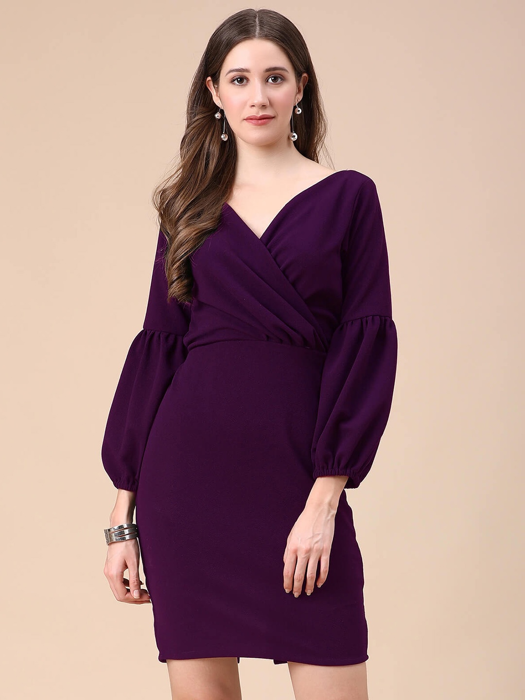 

SHEETAL Associates Puff Sleeves Gathered V-Neck Wrap Dress, Purple