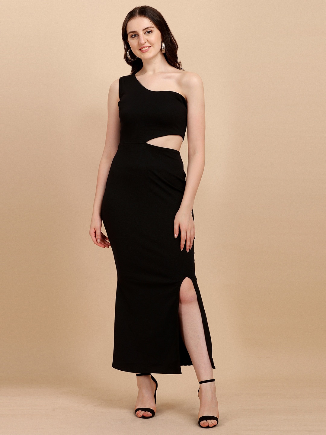 

SHEETAL Associates One-Shoulder Sleeveless Cut-Out Side Slit Sheath Maxi Dress, Black