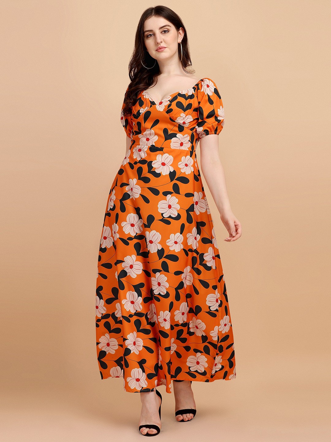 

SHEETAL Associates Floral Print Maxi Puff Sleeves Dress, Mustard