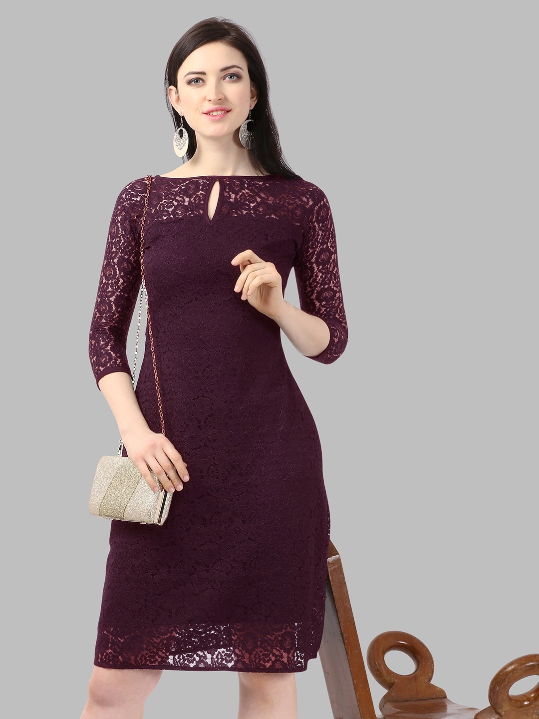 

SHEETAL Associates Keyhole Neck Sheath Dress, Maroon