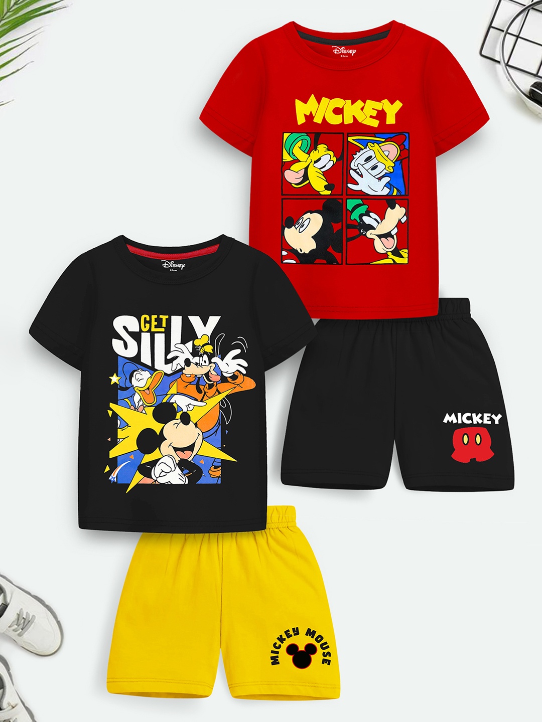 

YK Disney Boys Pack Of 2 Mickey & Friends Printed T-shirt with Shorts Clothing Set, Black