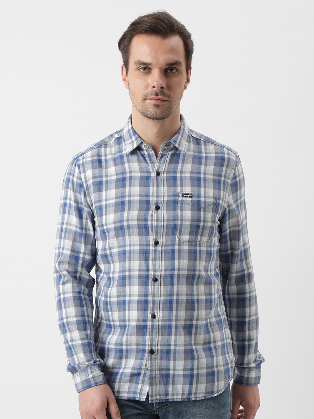 

Wrangler Checked Opaque Cotton Casual Shirt, Blue