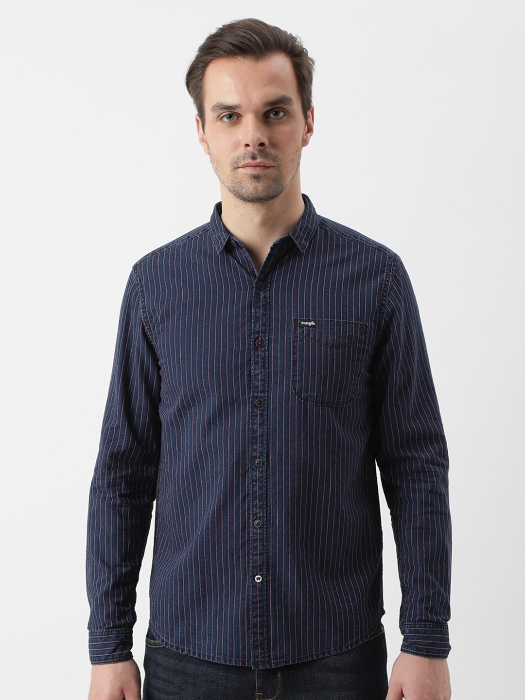 

Wrangler Vertical Striped Slim Fit Opaque Cotton Casual Shirt, Blue