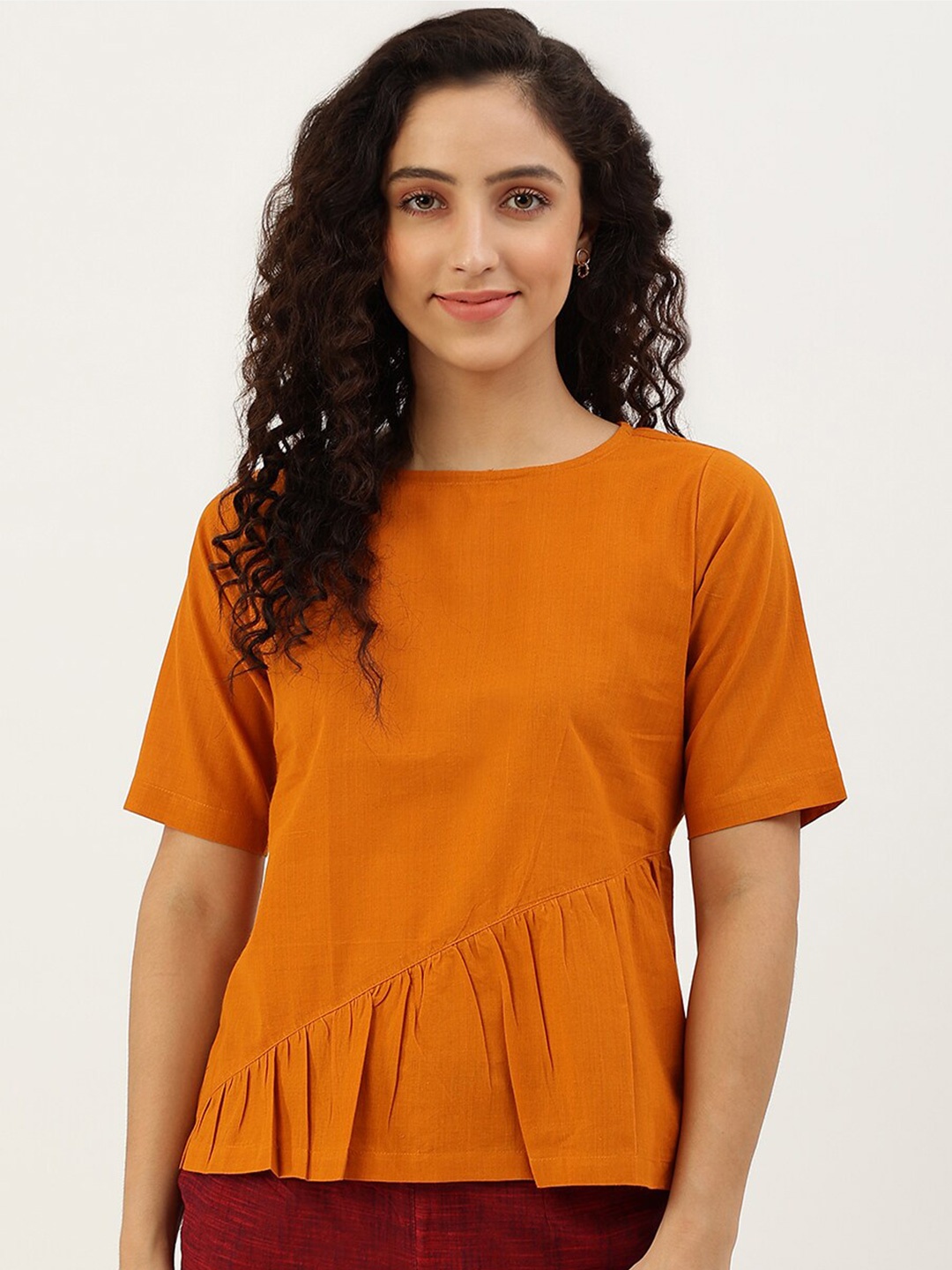 

Lokatita Boat Neck Pure Cotton Regular Top, Orange
