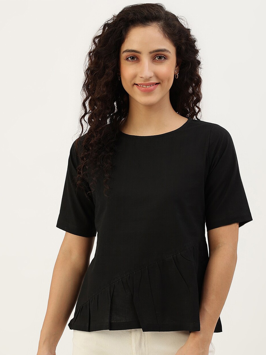 

Lokatita Round Neck Pure Cotton Peplum Top, Black