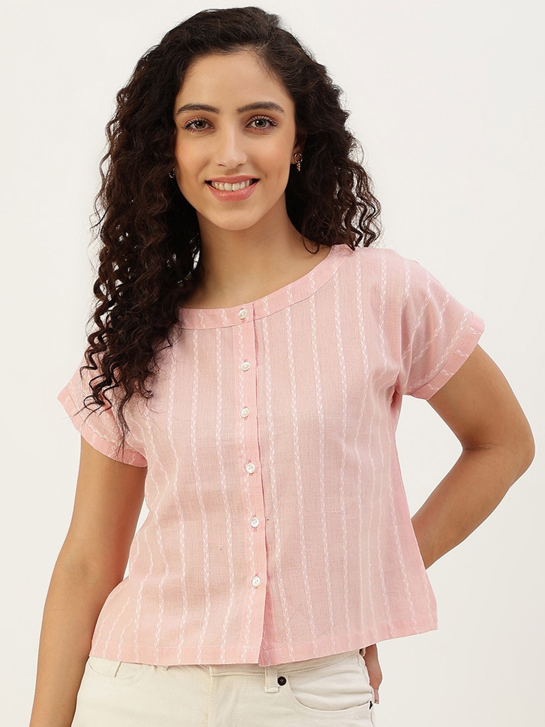 

Lokatita Striped Short Sleeves Pure Cotton Top, Pink