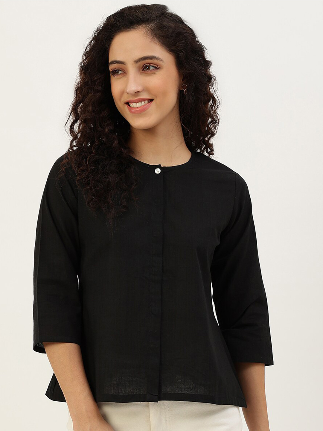 

Lokatita Round Neck Pure Cotton Regular Top, Black