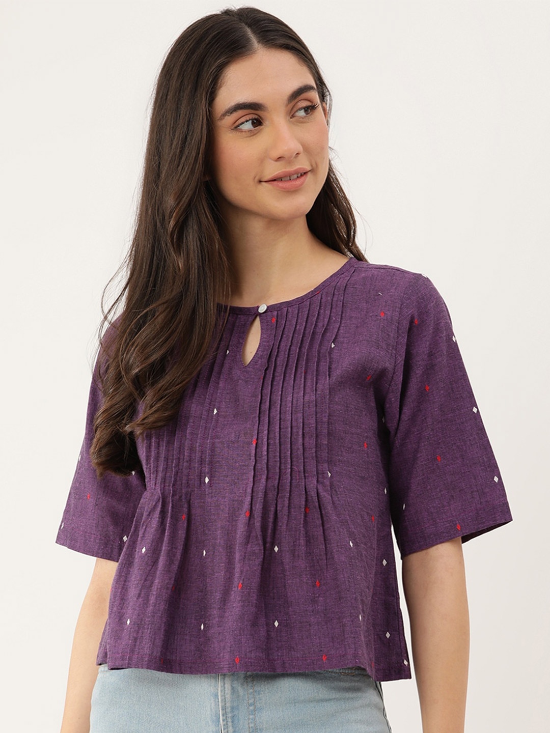

Lokatita Conversational Printed Keyhole Neck Cotton Top, Purple