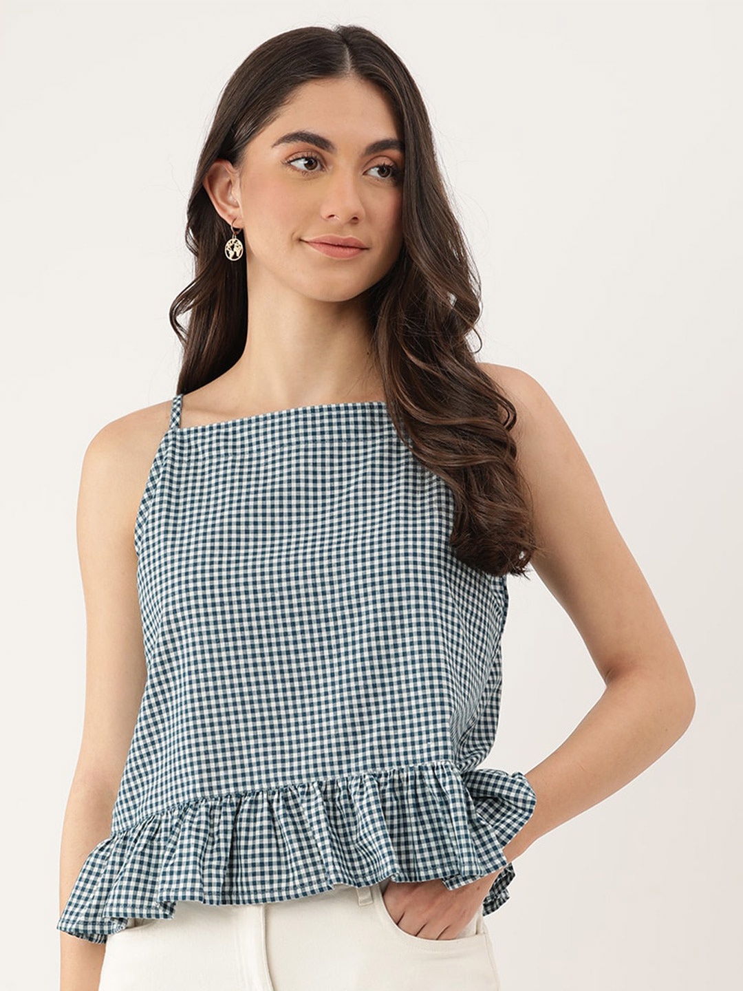 

Lokatita Checked Cotton Peplum Top, Navy blue