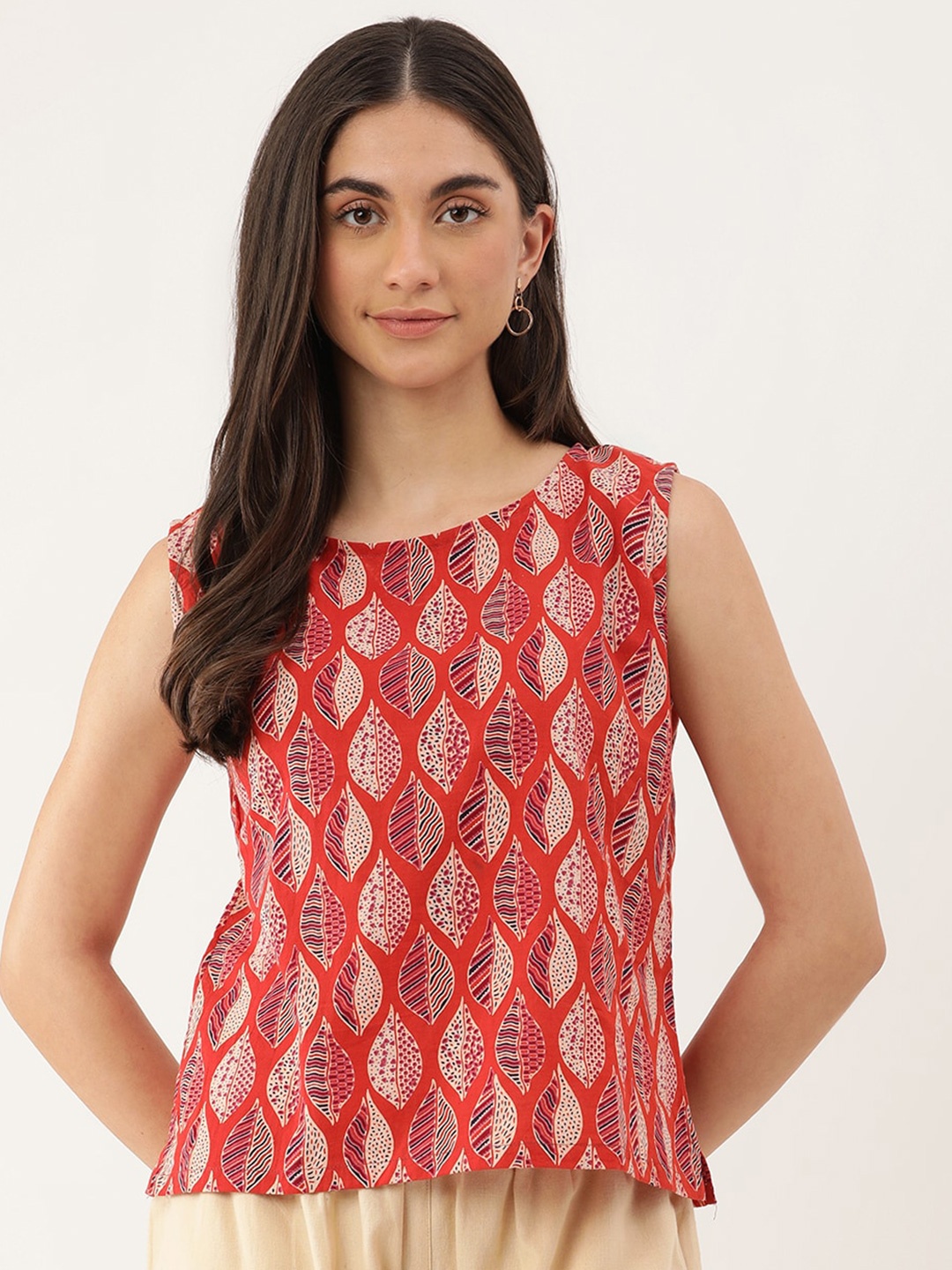 

Lokatita Printed Pure Cotton Boat Neck Sleeveless Top, Red