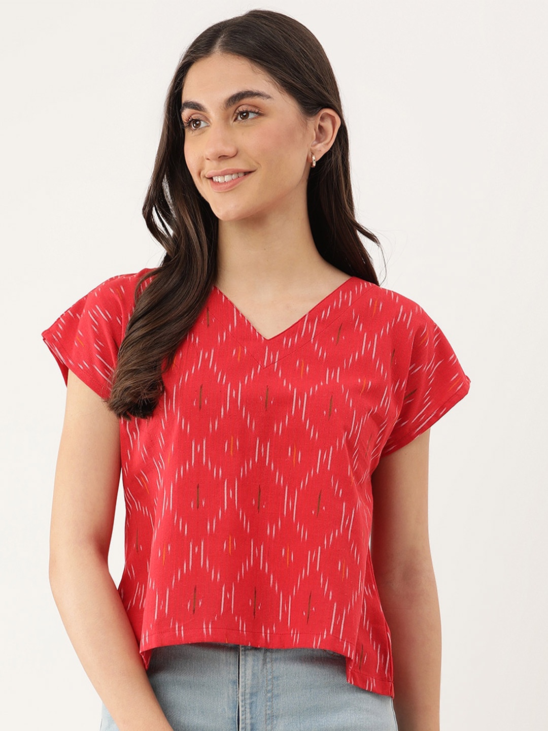 

Lokatita Ikat Print Pure Cotton Regular Top, Red