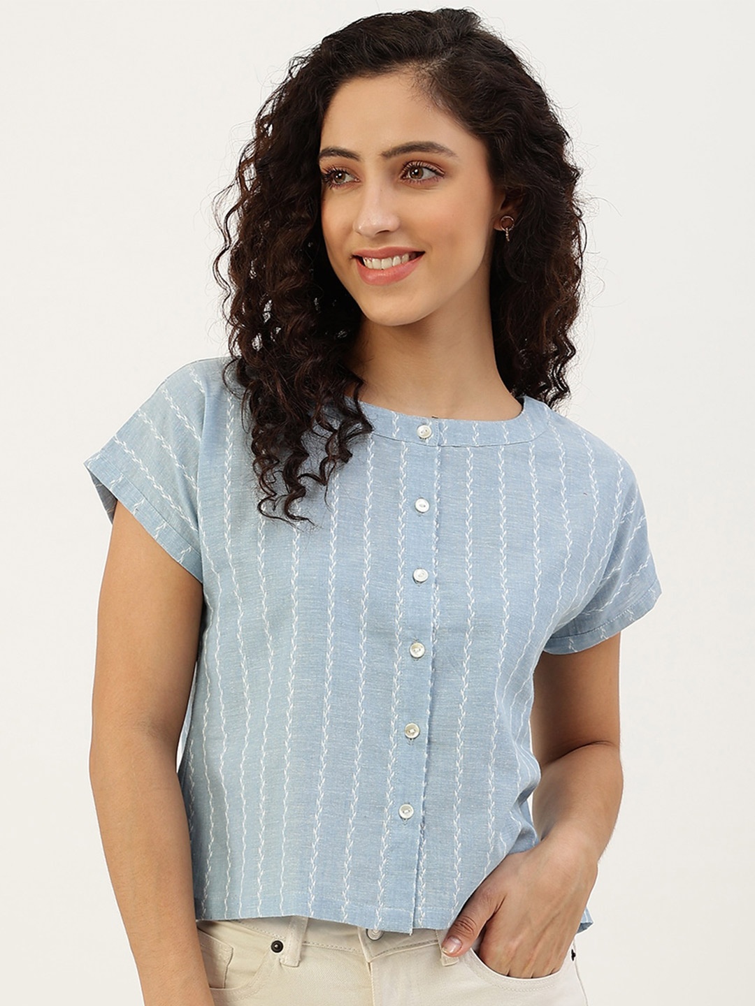 

Lokatita Striped Extended Sleeves Pure Cotton Boxy Top, Blue