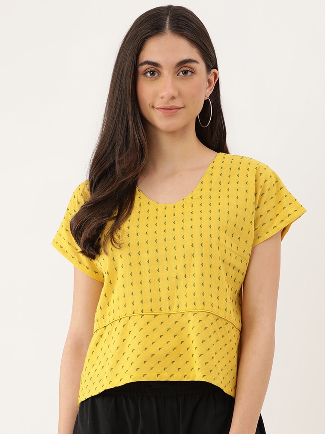 

Lokatita Printed Extended Sleeves Cotton Boxy Top, Yellow