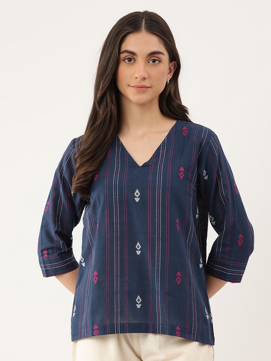 

Lokatita Ethnic Motifs Embroidered V-Neck Pure Cotton Top, Navy blue