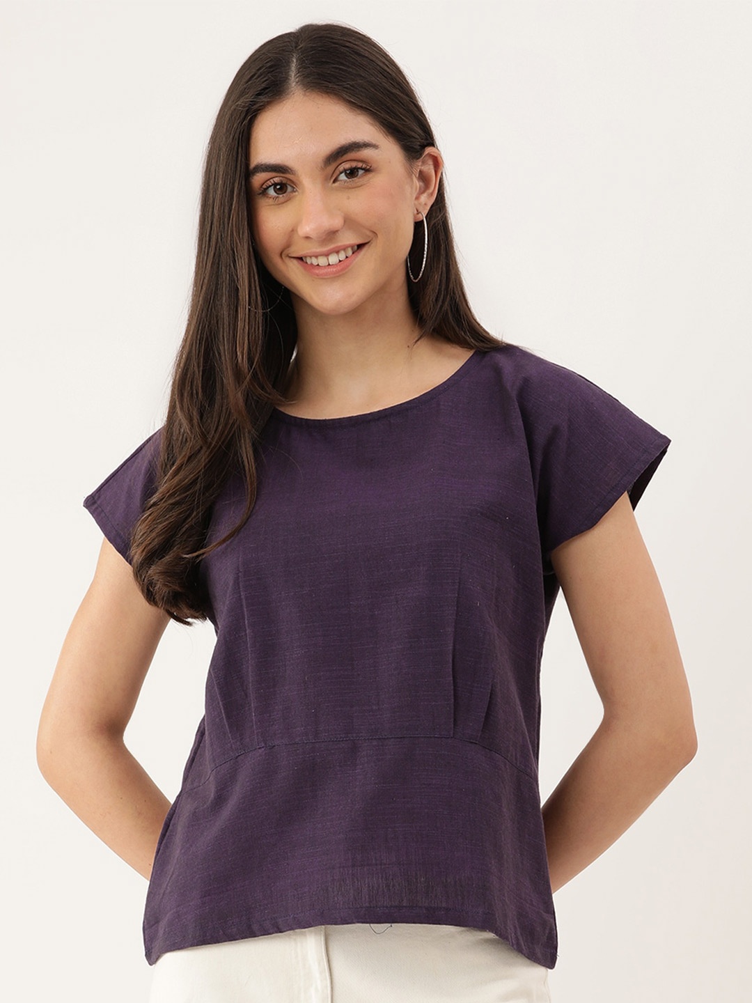

Lokatita Round Neck Pure Cotton Extended Sleeves Top, Purple