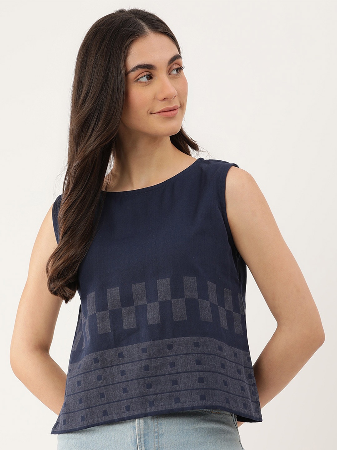 

Lokatita Printed Round Neck A-Line Top, Navy blue