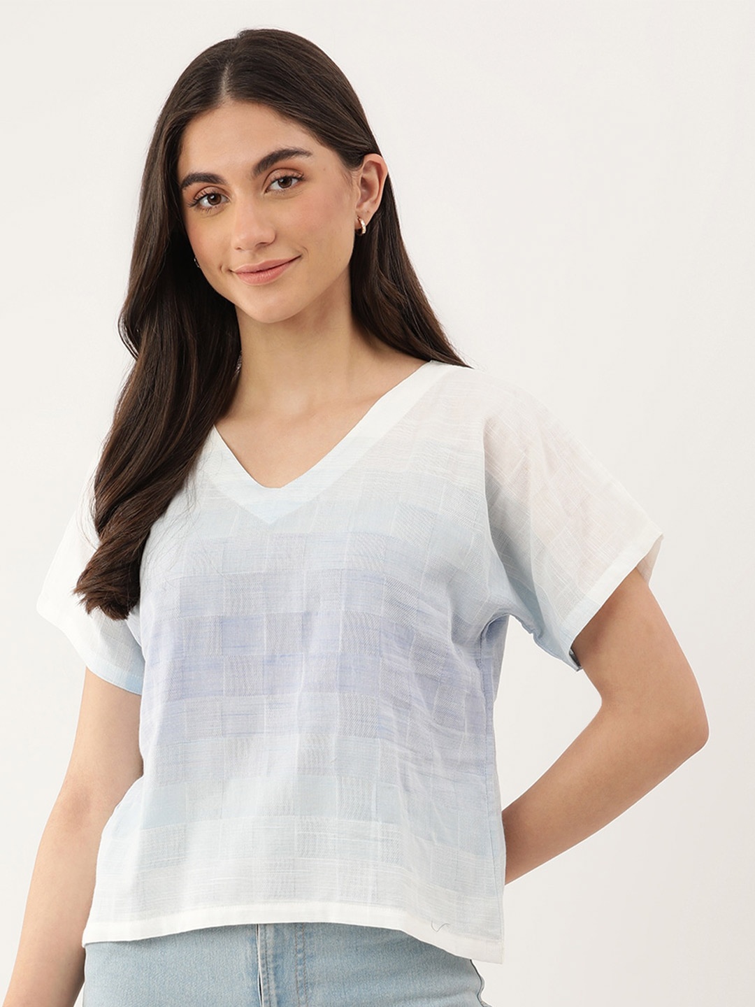 

Lokatita Checked Pure Cotton V-Neck Extended Sleeves Top, White