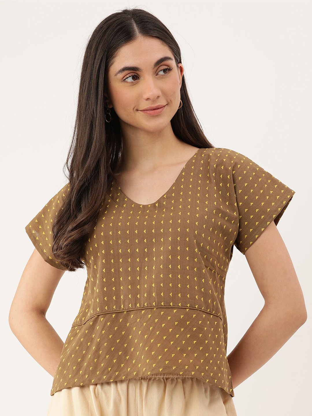 

Lokatita Geometric Printed Cotton A-Line Top, Brown