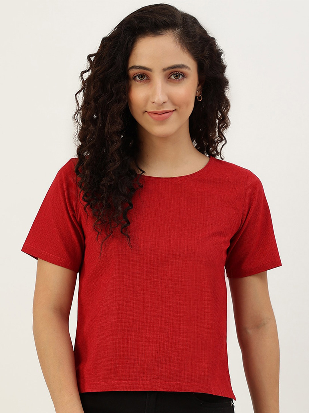 

Lokatita Round Neck Short Sleeves Pure Cotton Top, Maroon