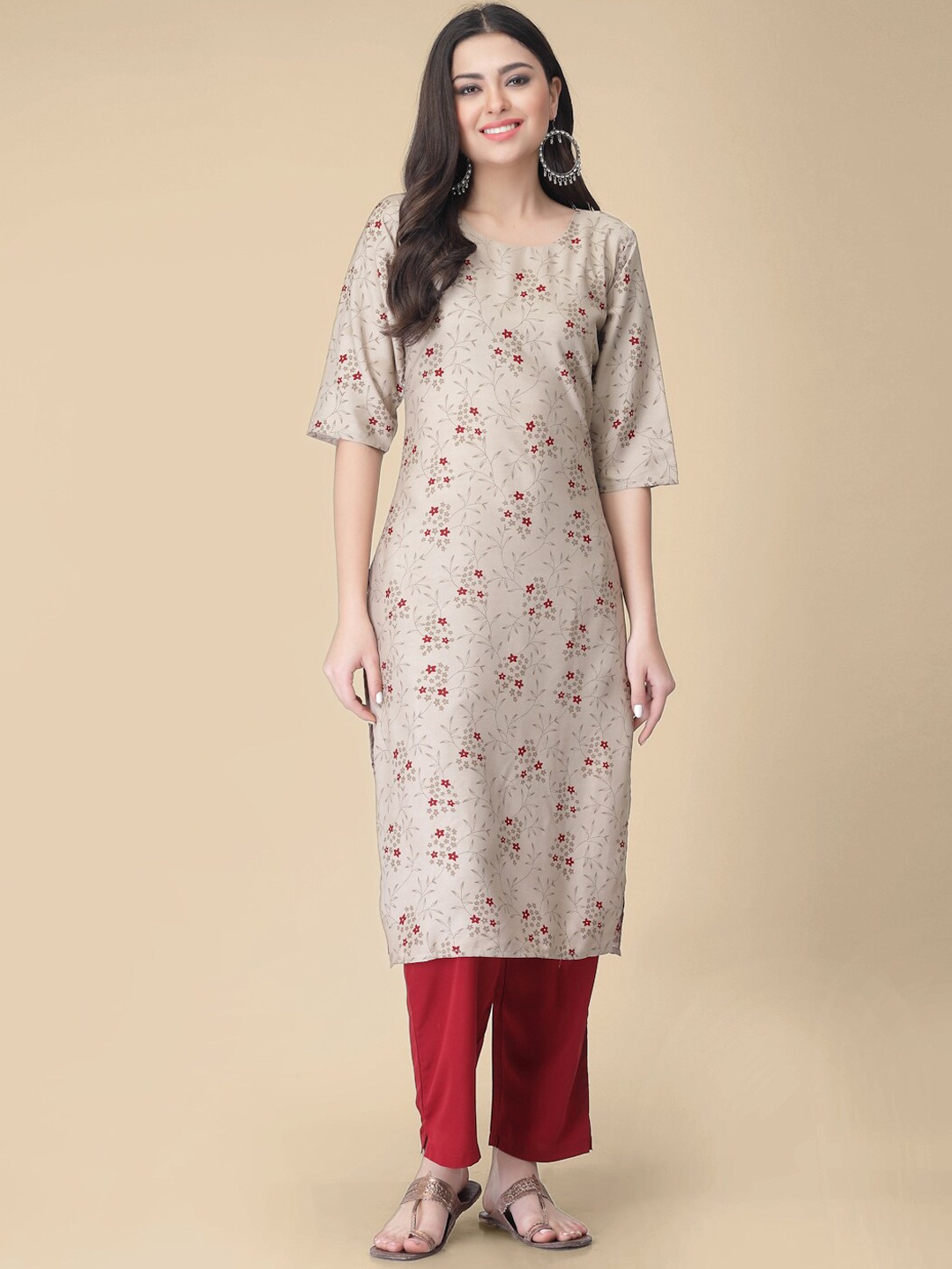 

7Threads Floral Printed Round Neck Kurta with Trousers, Beige