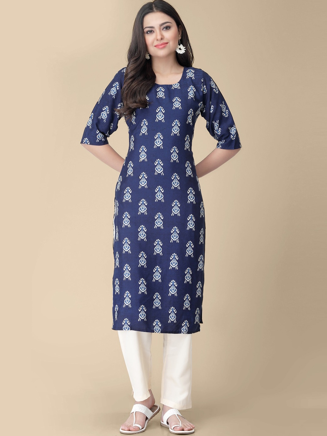 

7Threads Ethnic Motifs Printed Round Neck Kurta with Trousers, Blue