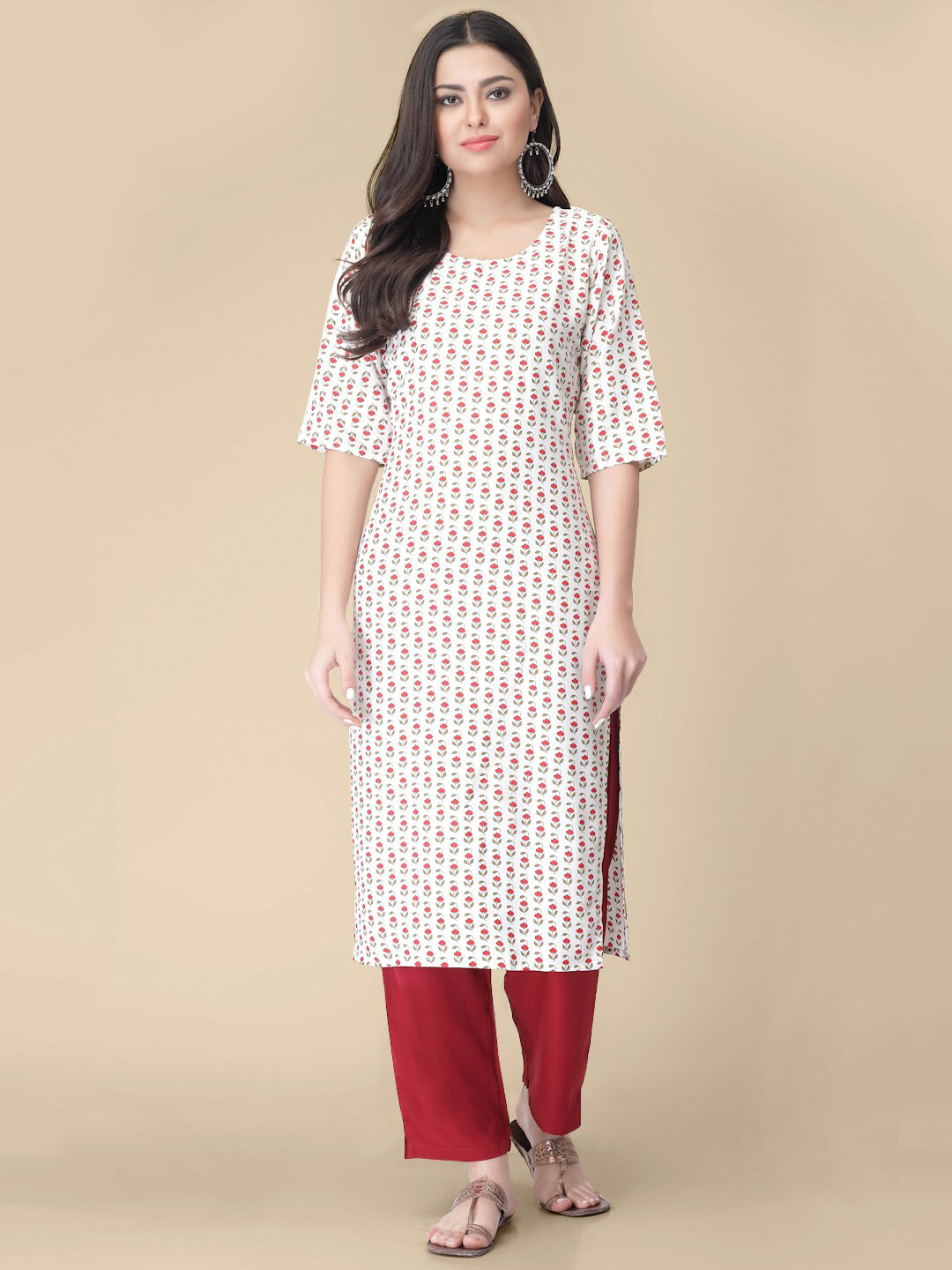 

7Threads Floral Printed Round Neck Kurta with Trousers, White