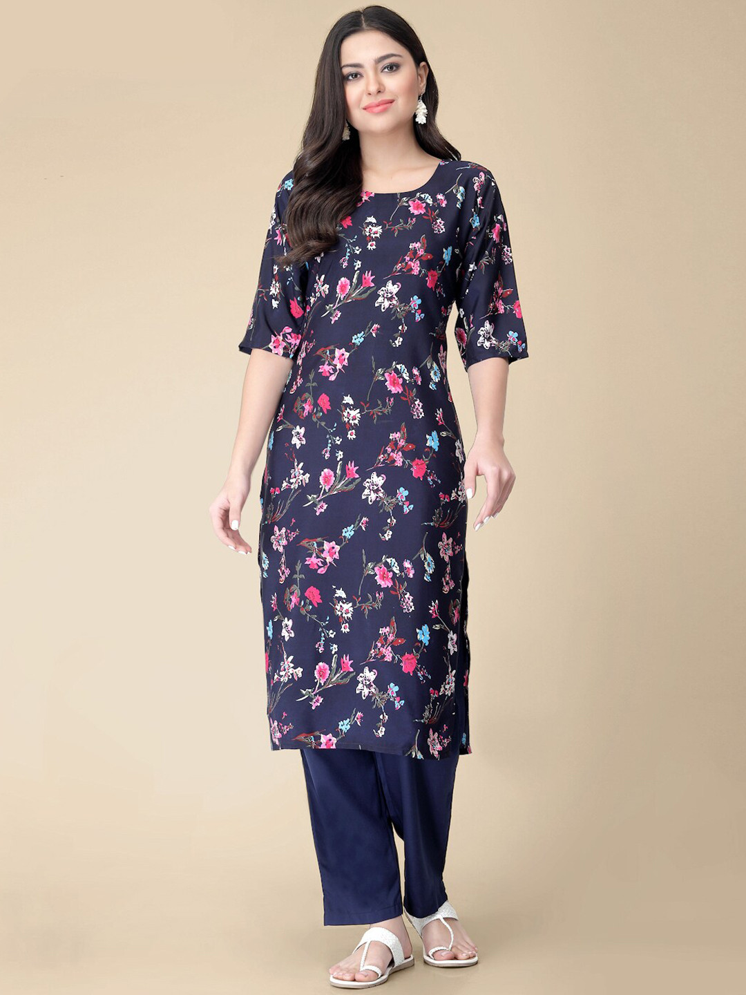 

7Threads Floral Printed Regular Kurta with Trousers, Navy blue
