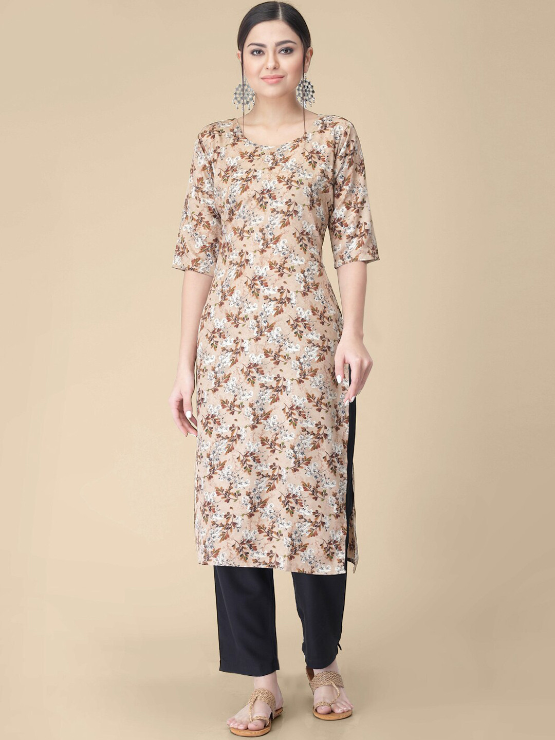 

7Threads Floral Printed Regular Kurta with Trousers, Beige