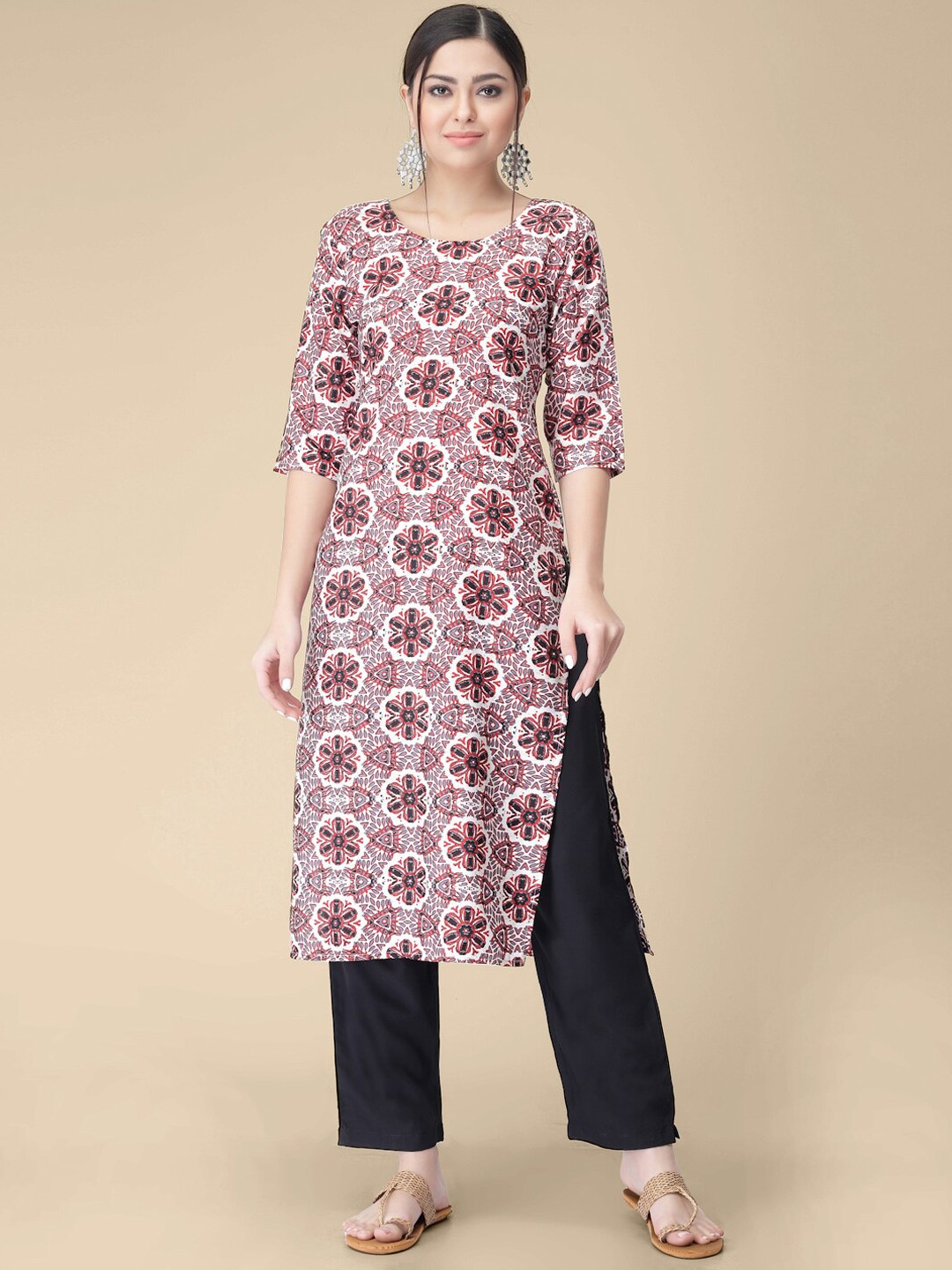 

7Threads Floral Printed Regular Kurta with Trousers, Orange