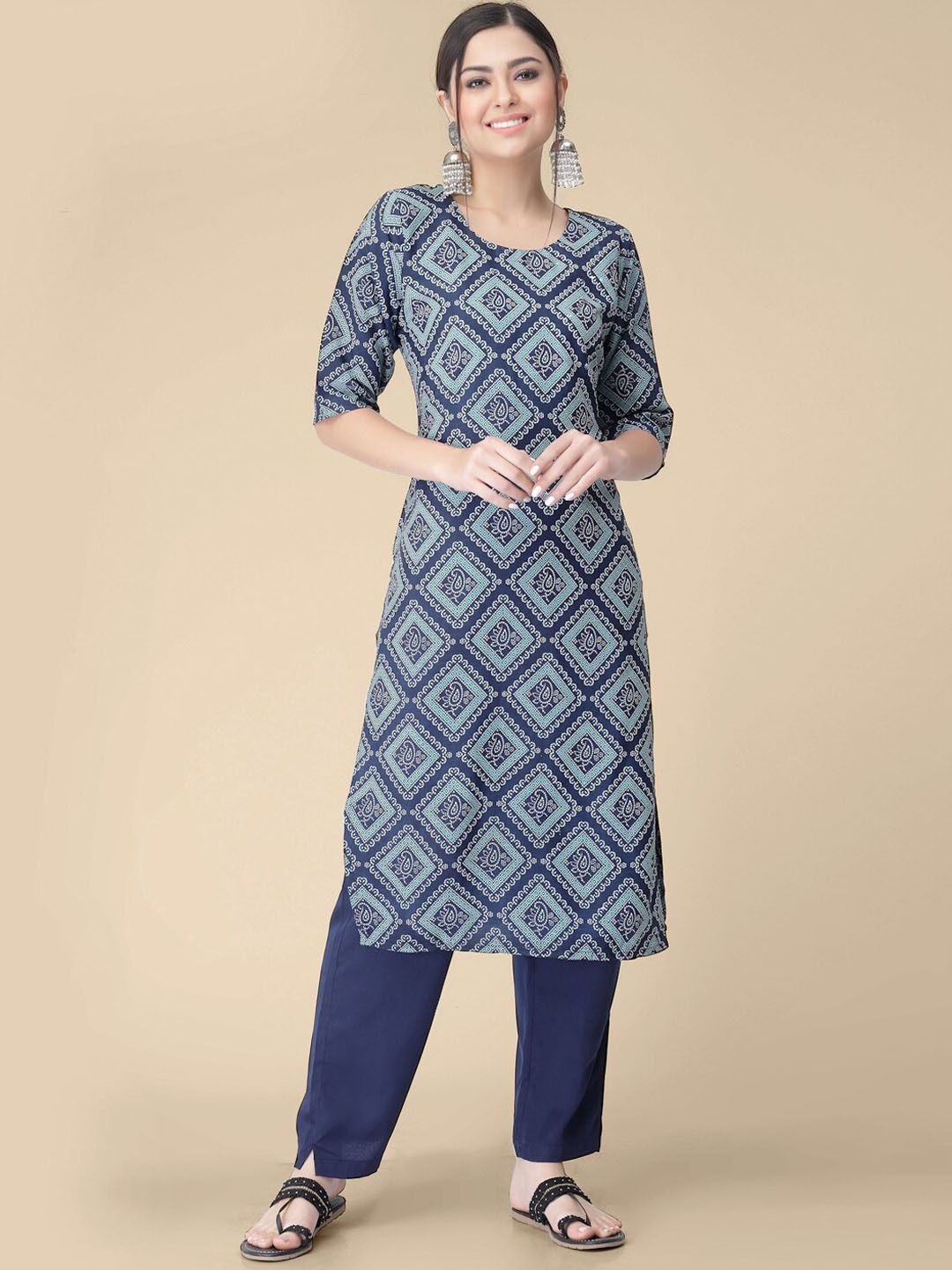 

7Threads Bandhani Printed Regular Kurta with Trousers, Blue