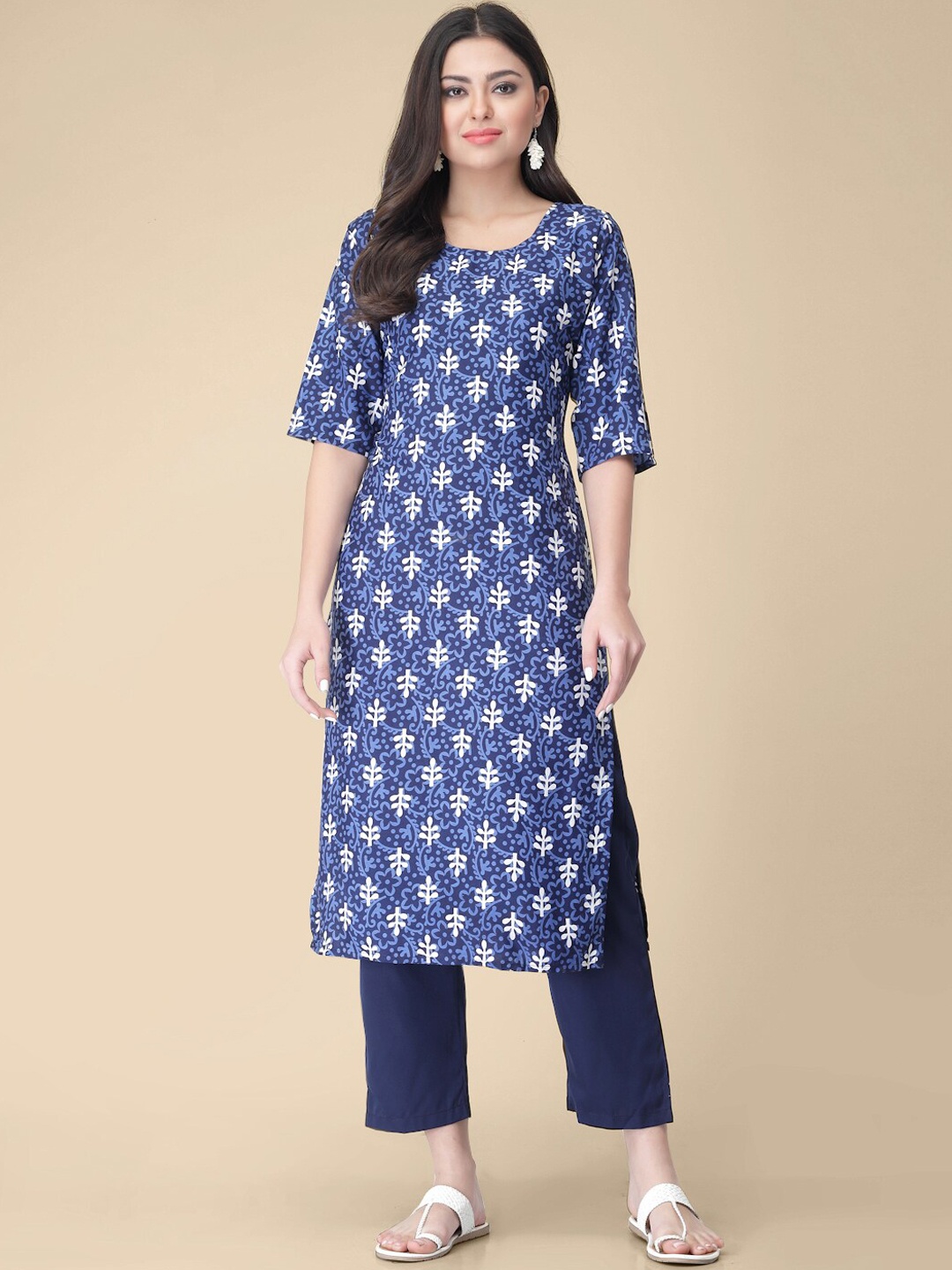 

7Threads Ethnic Motifs Printed Regular Kurta with Trousers, Blue