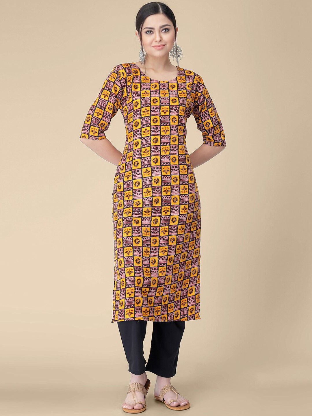 

7Threads Ethnic Motifs Printed Regular Kurta with Trousers, Yellow