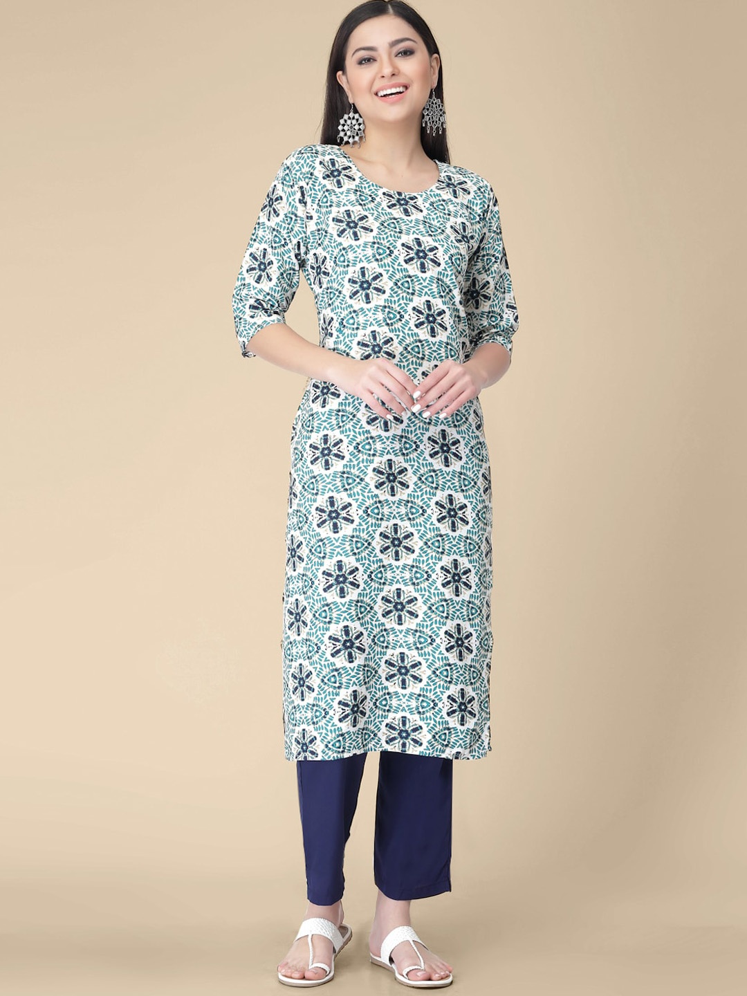 

7Threads Floral Printed Regular Kurta with Trousers, Green
