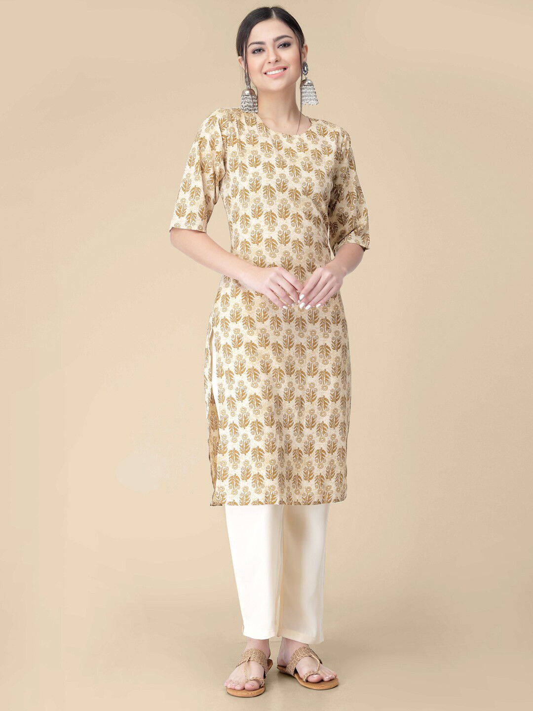 

7Threads Floral Printed Regular Kurta with Trousers, Beige