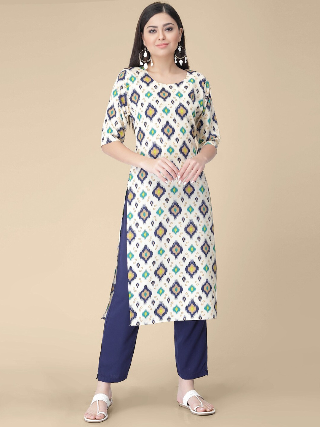 

7Threads Ethnic Motifs Printed Regular Kurta with Trousers, Off white